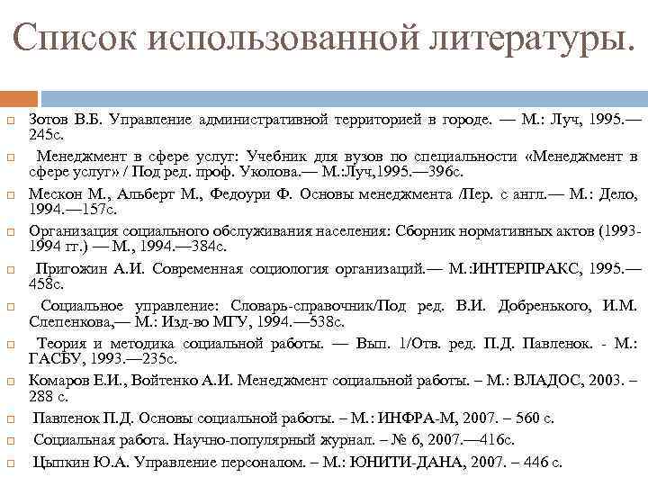 Список использованной литературы. Зотов В. Б. Управление административной территорией в городе. — М. :