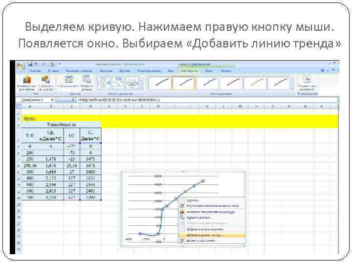 Выделяем кривую. Нажимаем правую кнопку мыши. Появляется окно. Выбираем «Добавить линию тренда» 