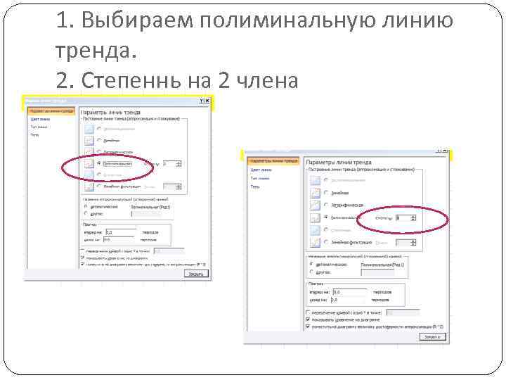 1. Выбираем полиминальную линию тренда. 2. Степеннь на 2 члена 