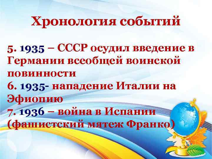Хронология событий 5. 1935 – СССР осудил введение в Германии всеобщей воинской повинности 6.