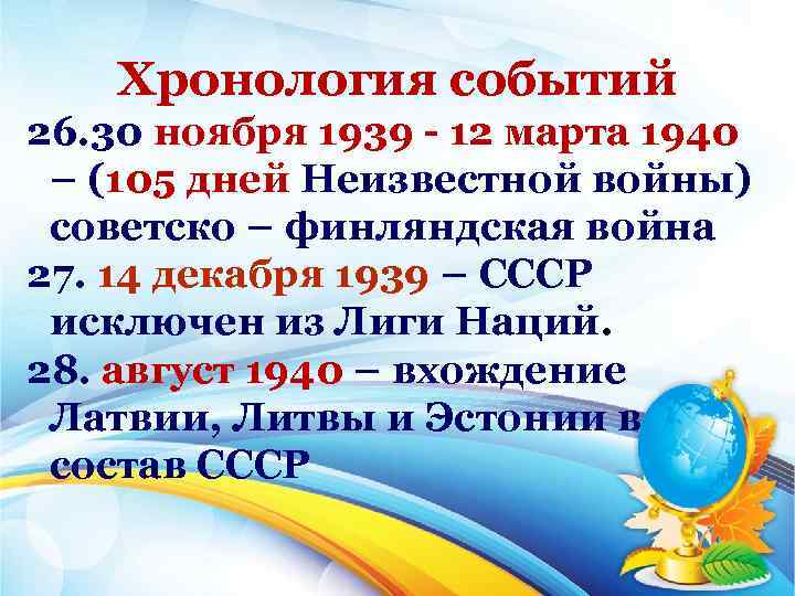Хронология событий 26. 30 ноября 1939 12 марта 1940 – (105 дней Неизвестной войны)