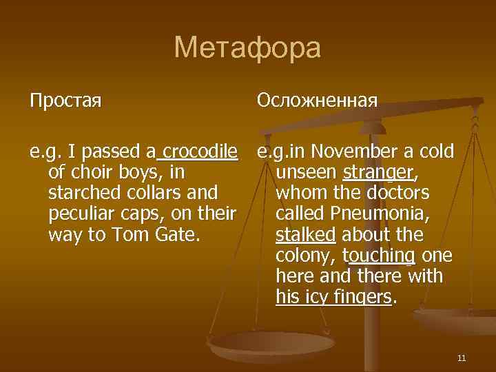 Метафора Простая Осложненная e. g. I passed a crocodile e. g. in November a