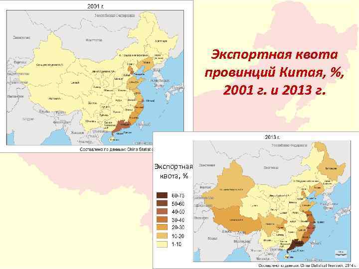 Экспортная квота провинций Китая, %, 2001 г. и 2013 г. Экспортная квота, % 