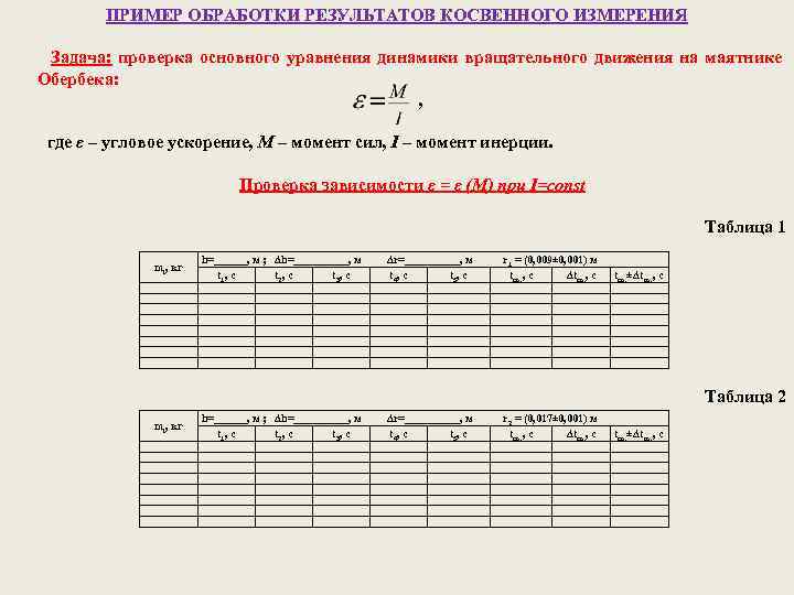 ПРИМЕР ОБРАБОТКИ РЕЗУЛЬТАТОВ КОСВЕННОГО ИЗМЕРЕНИЯ Задача: проверка основного уравнения динамики вращательного движения на маятнике