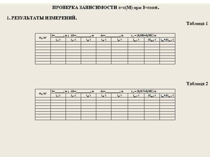 ПРОВЕРКА ЗАВИСИМОСТИ ε=ε(М) при I=const. 1. РЕЗУЛЬТАТЫ ИЗМЕРЕНИЙ. Таблица 1 mi, кг h=______, м