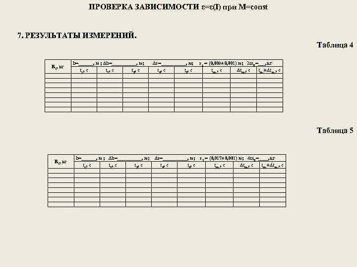 ПРОВЕРКА ЗАВИСИМОСТИ ε=ε(I) при M=const 7. РЕЗУЛЬТАТЫ ИЗМЕРЕНИЙ. Таблица 4 Ri, кг h=______, м