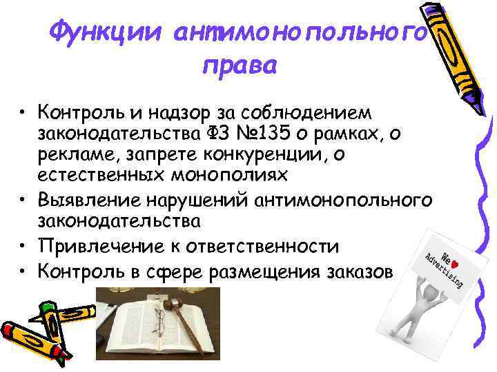 Функции антимонопольного права • Контроль и надзор за соблюдением законодательства ФЗ № 135 о