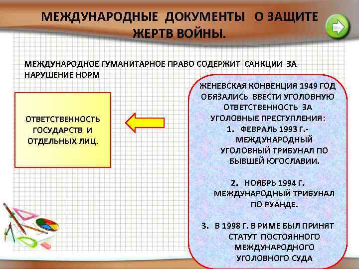 МЕЖДУНАРОДНЫЕ ДОКУМЕНТЫ О ЗАЩИТЕ ЖЕРТВ ВОЙНЫ. МЕЖДУНАРОДНОЕ ГУМАНИТАРНОЕ ПРАВО СОДЕРЖИТ САНКЦИИ ЗА НАРУШЕНИЕ НОРМ