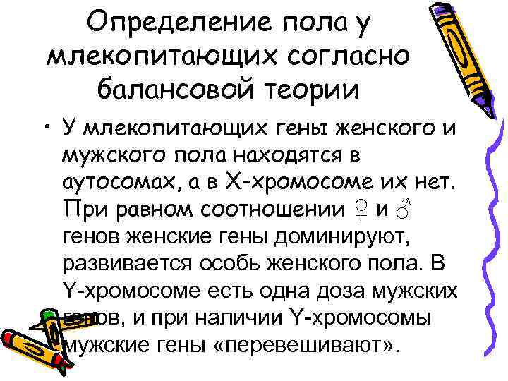 Определение пола у млекопитающих согласно балансовой теории • У млекопитающих гены женского и мужского