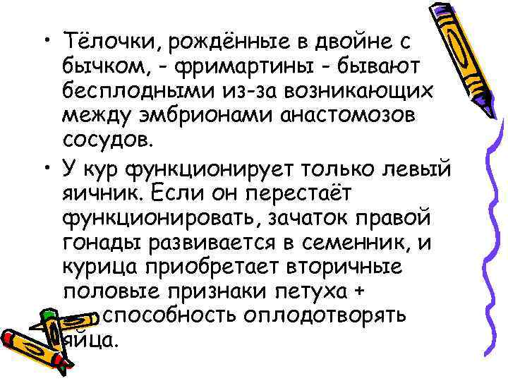  • Тёлочки, рождённые в двойне с бычком, - фримартины - бывают бесплодными из-за
