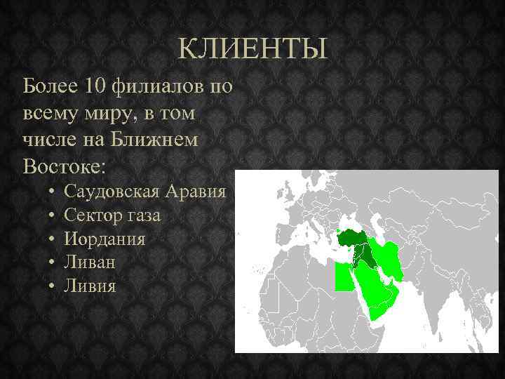 КЛИЕНТЫ Более 10 филиалов по всему миру, в том числе на Ближнем Востоке: •