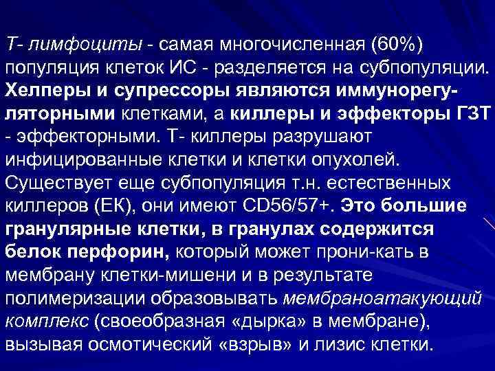 Т- лимфоциты самая многочисленная (60%) популяция клеток ИС разделяется на субпопуляции. Хелперы и супрессоры