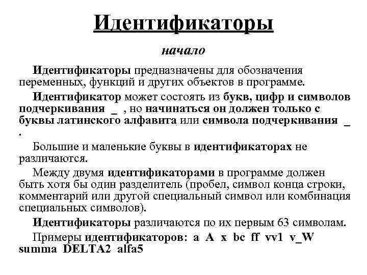 Идентификаторы начало Идентификаторы предназначены для обозначения переменных, функций и других объектов в программе. Идентификатор