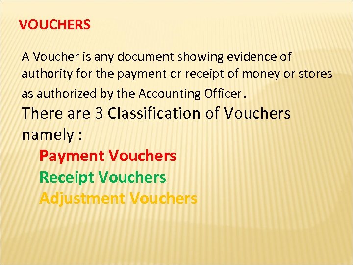 VOUCHERS A Voucher is any document showing evidence of authority for the payment or