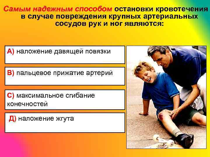 Самым надежным способом остановки кровотечения в случае повреждения крупных артериальных сосудов рук и ног