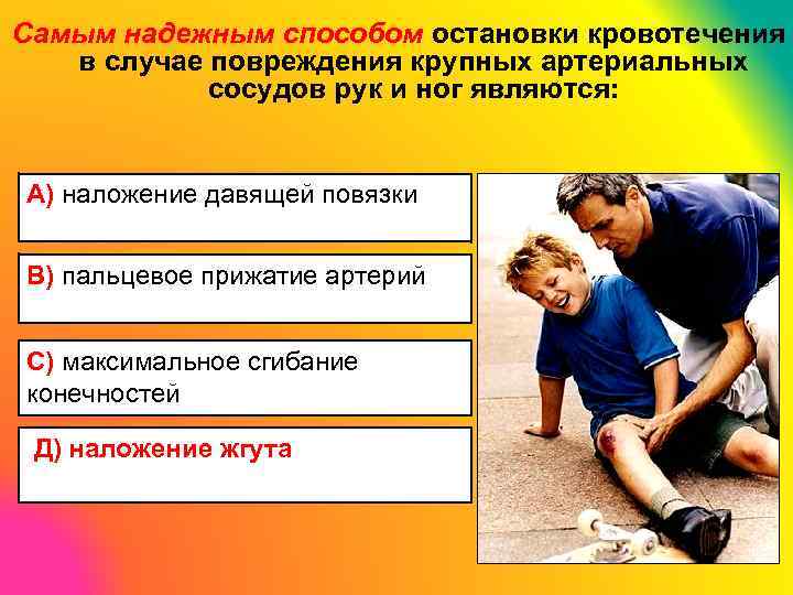 Самым надежным способом остановки кровотечения в случае повреждения крупных артериальных сосудов рук и ног
