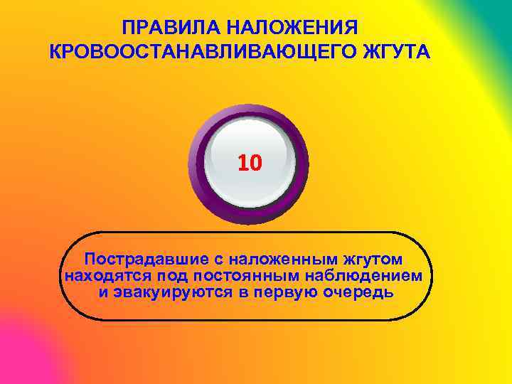 ПРАВИЛА НАЛОЖЕНИЯ КРОВООСТАНАВЛИВАЮЩЕГО ЖГУТА 10 Пострадавшие с наложенным жгутом находятся под постоянным наблюдением и