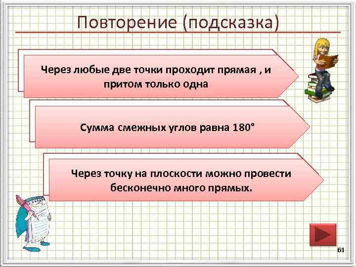Повторение (подсказка) Сформулируйте аксиому о взаимном Через любые две точки проходит прямая , и