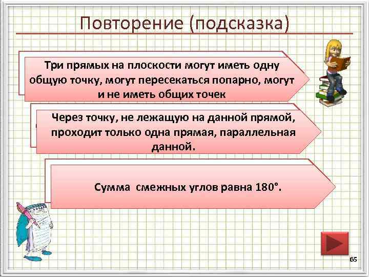 Повторение (подсказка) Как Три прямых на плоскости могут иметь одну могут взаимно располагаться три
