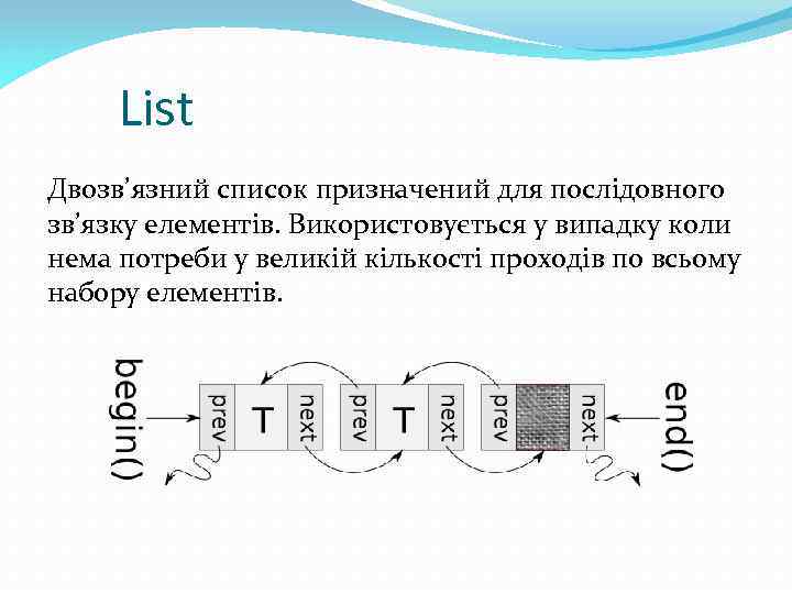 List Двозв’язний список призначений для послідовного зв’язку елементів. Використовується у випадку коли нема потреби