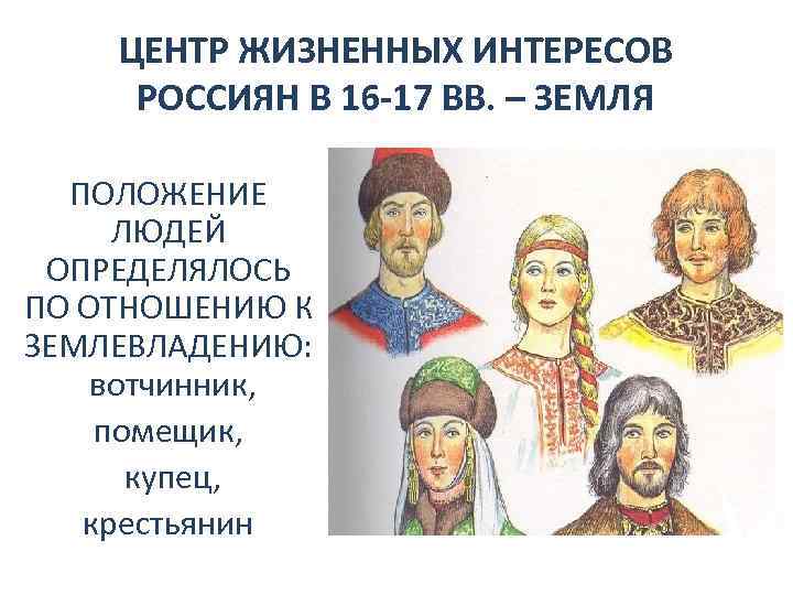 ЦЕНТР ЖИЗНЕННЫХ ИНТЕРЕСОВ РОССИЯН В 16 -17 ВВ. – ЗЕМЛЯ ПОЛОЖЕНИЕ ЛЮДЕЙ ОПРЕДЕЛЯЛОСЬ ПО