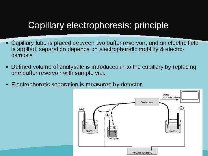 Capillary electrophoresis: principle ▪ Capillary tube is placed between two buffer reservoir, and an