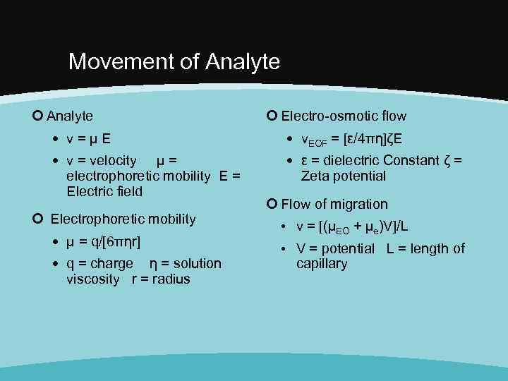 Movement of Analyte Electro-osmotic flow ν=µE νEOF = [ε/4πη]ζE ν = velocity ε =