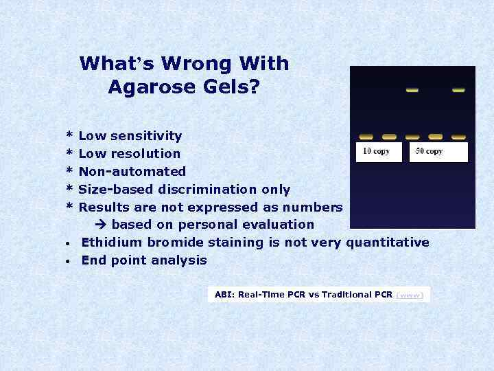 What’s Wrong With Agarose Gels? * * * • • Low sensitivity Low resolution