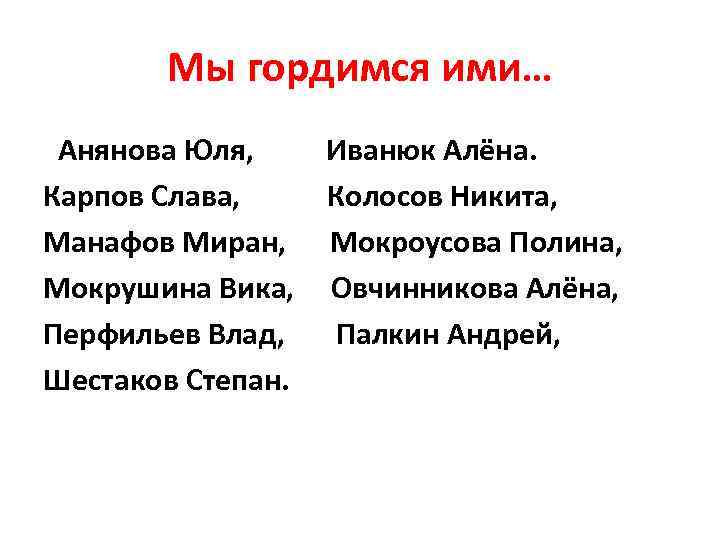 Мы гордимся ими… Анянова Юля, Иванюк Алёна. Карпов Слава, Колосов Никита, Манафов Миран, Мокроусова