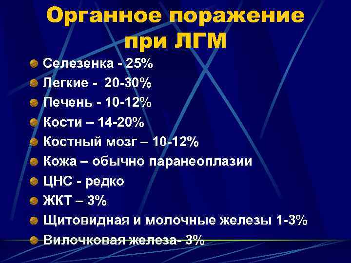 Органное поражение при ЛГМ Селезенка - 25% Легкие - 20 -30% Печень - 10