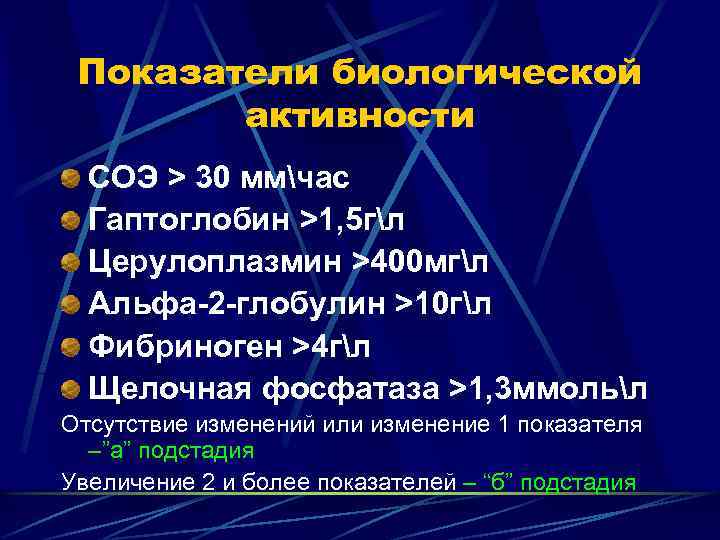 Показатели биологической активности СОЭ > 30 ммчас Гаптоглобин >1, 5 гл Церулоплазмин >400 мгл