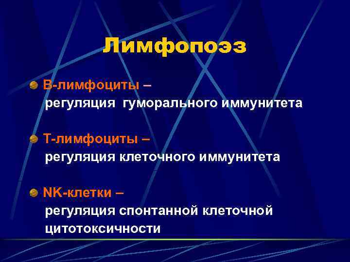 Лимфопоэз В-лимфоциты – регуляция гуморального иммунитета Т-лимфоциты – регуляция клеточного иммунитета NK-клетки – регуляция