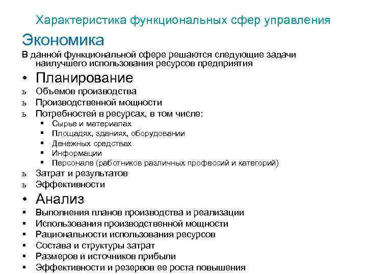 Характеристика функциональных сфер управления Экономика В данной функциональной сфере решаются следующие задачи наилучшего использования