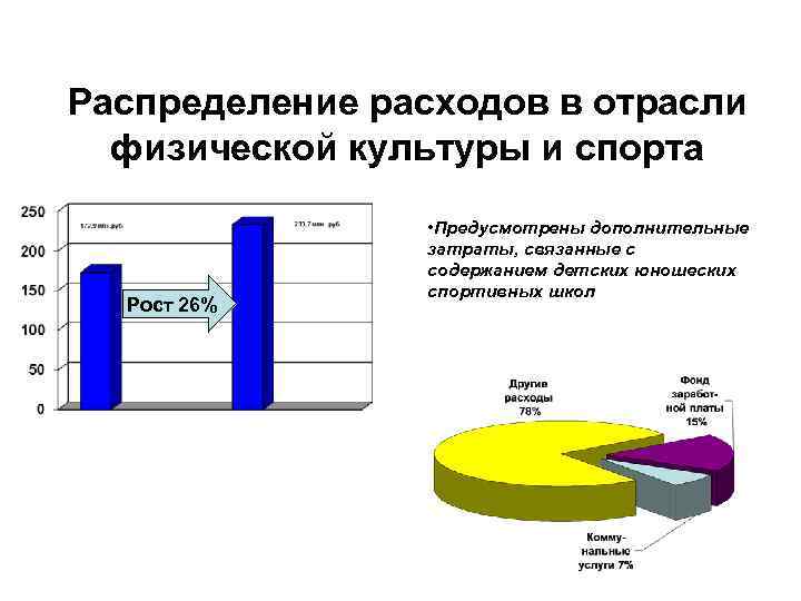 Распределение расходов в отрасли физической культуры и спорта Рост 26% • Предусмотрены дополнительные затраты,