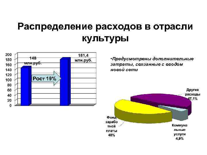 Распределение расходов в отрасли культуры • Предусмотрены дополнительные затраты, связанные с вводом новой сети