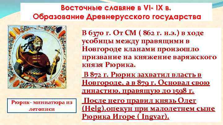 Восточные славяне в VI- IX в. Образование Древнерусского государства Рюрик- миниатюра из летописи В