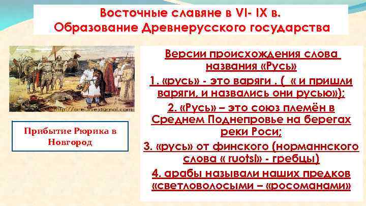 Восточные славяне в VI- IX в. Образование Древнерусского государства Прибытие Рюрика в Новгород Версии