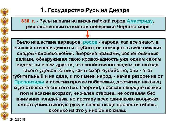 1. Государство Русь на Днепре 830 г. - Русы напали на византийский город Амастриду,