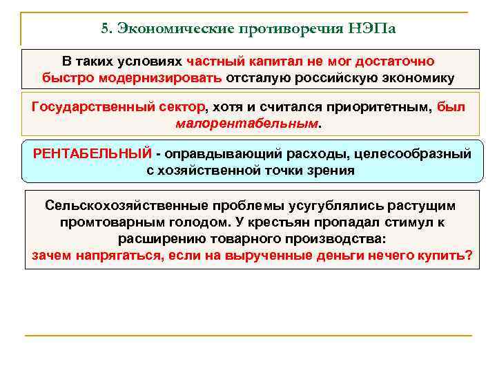 5. Экономические противоречия НЭПа В таких условиях частный капитал не мог достаточно быстро модернизировать