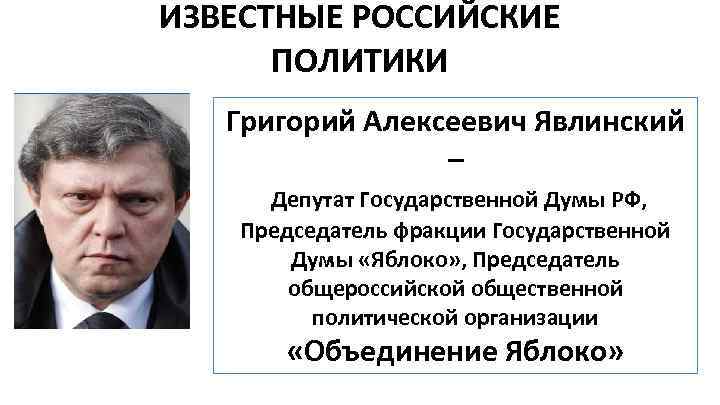 ИЗВЕСТНЫЕ РОССИЙСКИЕ ПОЛИТИКИ Григорий Алексеевич Явлинский – Депутат Государственной Думы РФ, Председатель фракции Государственной