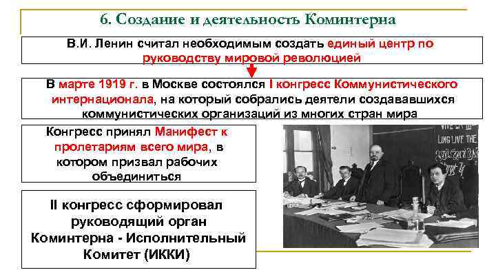 6. Создание и деятельность Коминтерна В. И. Ленин считал необходимым создать единый центр по