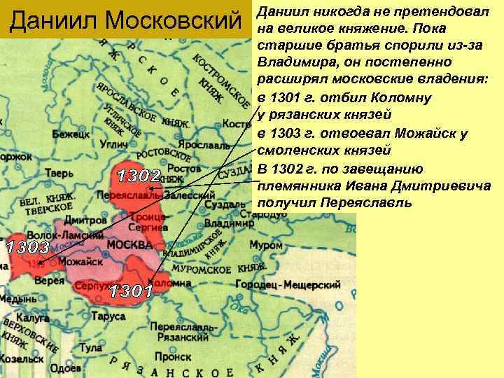 Даниил Московский Даниил никогда не претендовал на великое княжение. Пока старшие братья спорили из-за