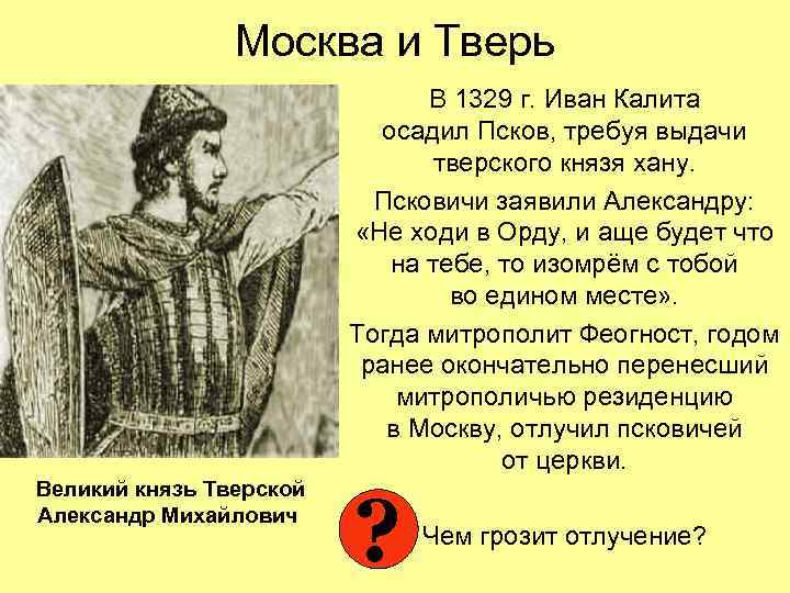 Москва и Тверь В 1329 г. Иван Калита осадил Псков, требуя выдачи тверского князя