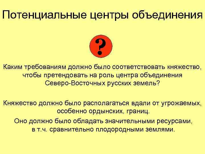 Потенциальные центры объединения ? Каким требованиям должно было соответствовать княжество, чтобы претендовать на роль