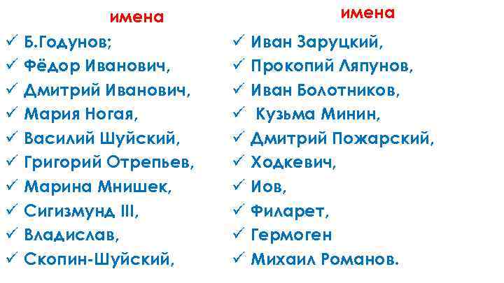 имена ü ü ü ü ü Б. Годунов; Фёдор Иванович, Дмитрий Иванович, Мария Ногая,