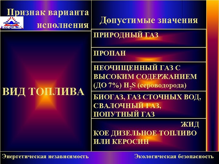 Признак варианта исполнения Допустимые значения ПРИРОДНЫЙ ГАЗ ПРОПАН ВИД ТОПЛИВА Энергетическая независимость НЕОЧИЩЕННЫЙ ГАЗ