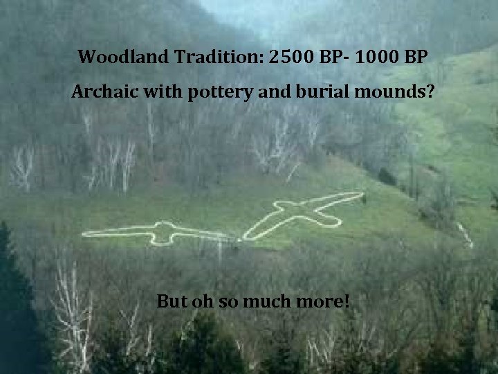 Woodland Tradition: 2500 BP- 1000 BP Archaic with pottery and burial mounds? But oh