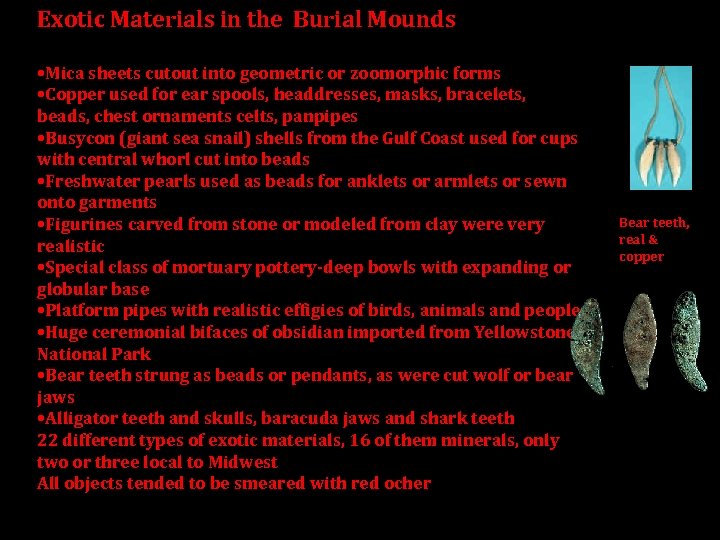 Exotic Materials in the Burial Mounds • Mica sheets cutout into geometric or zoomorphic