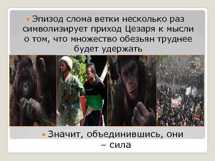 Эпизод слома ветки несколько раз символизирует приход Цезаря к мысли о том, что множество