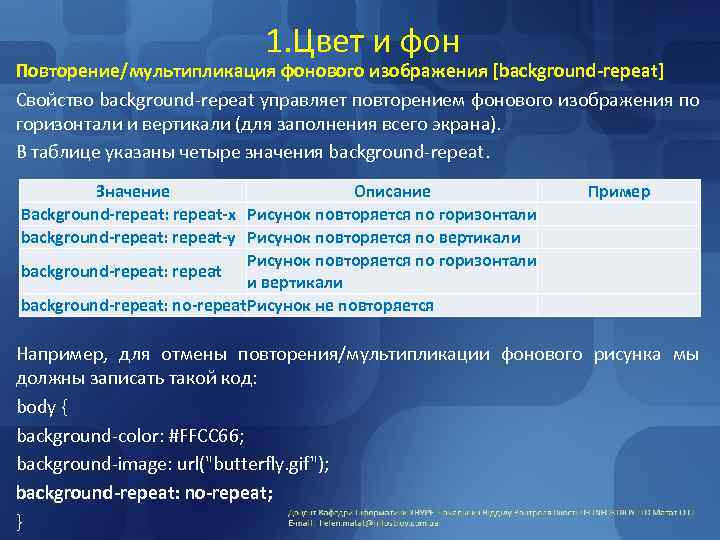 1. Цвет и фон Повторение/мультипликация фонового изображения [background-repeat] Свойство background-repeat управляет повторением фонового изображения